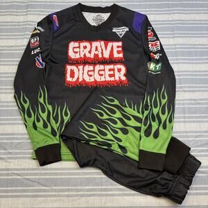 Youth Monster Jam Grave Digger 2 Piece Set LS Shirt Pants Preowned Size Small